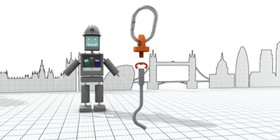 Still of a robot from a 3D animation for construction company